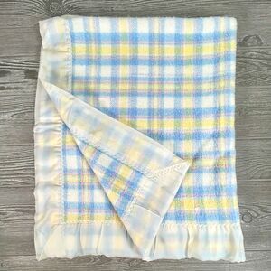 Vintage Quiltex Pastel Plaid Baby Blanket Acrylic w/ Nylon Trim Pink Blue 36x44"